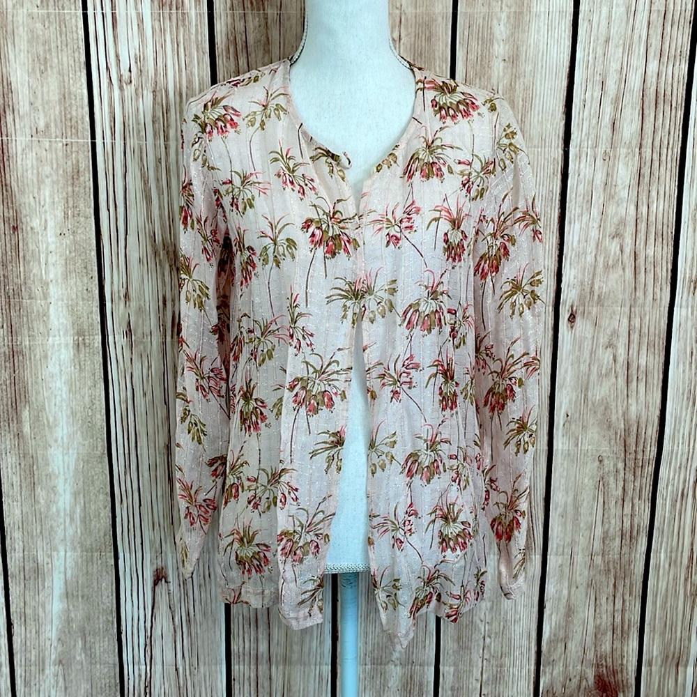 April Cornell Pink Sheer Floral ‘Dewdrop’ Blouse w/Single Top Button - Small NWT